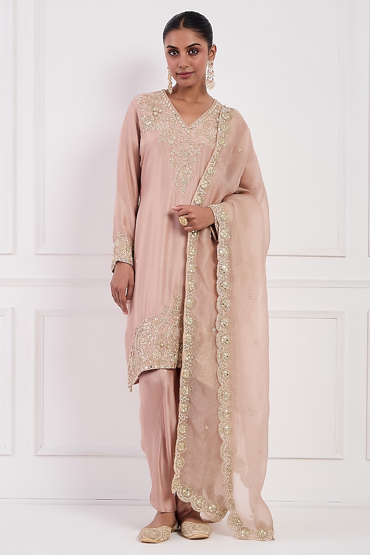 Blush Pink Pure Dupion Silk Sequins Embellished Kurta Set by Neha khullar at Pernia's Pop Up Shop