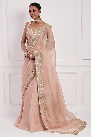Blush Pink Pure Satin Organza Sequins Embellished Lehenga Saree Set by Neha khullar