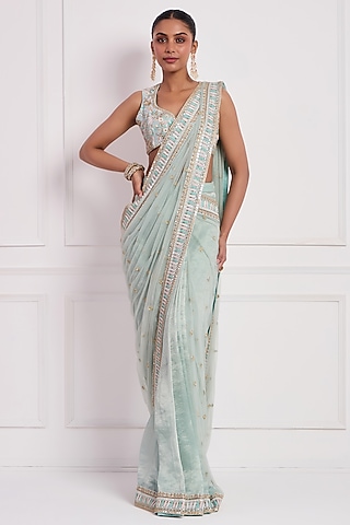Sky Blue Pure Tissue Silk & Net Embellished Pre-Draped Saree Set by Neha khullar