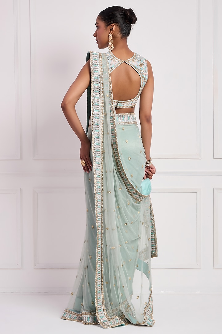 Sky Blue Pure Tissue Silk & Net Embellished Pre-Draped Wedding Saree Set by Neha khullar at Pernia's Pop Up Shop