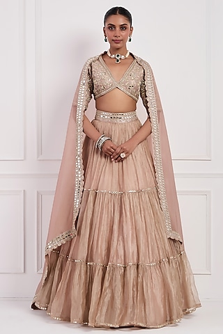 Blush Pink Tissue Silk Sequins Embellished Tiered Lehenga Set by Neha khullar
