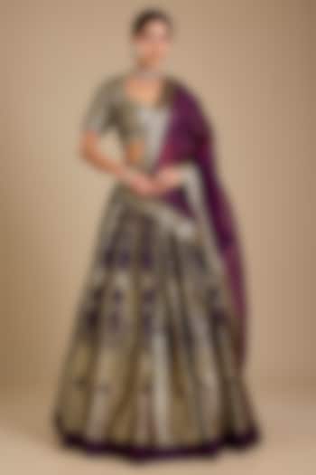 Purple Silk Zardosi Embroidered Banarasi Wedding Lehenga Set by Neha khullar at Pernia's Pop Up Shop