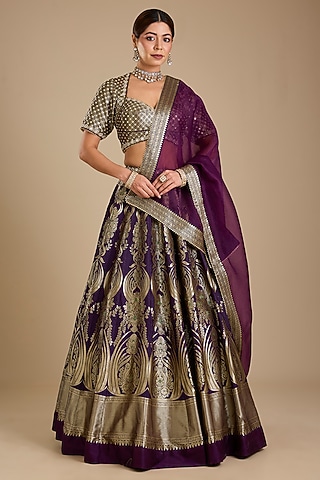 Purple Silk Zardosi Embroidered Banarasi Lehenga Set by Neha khullar