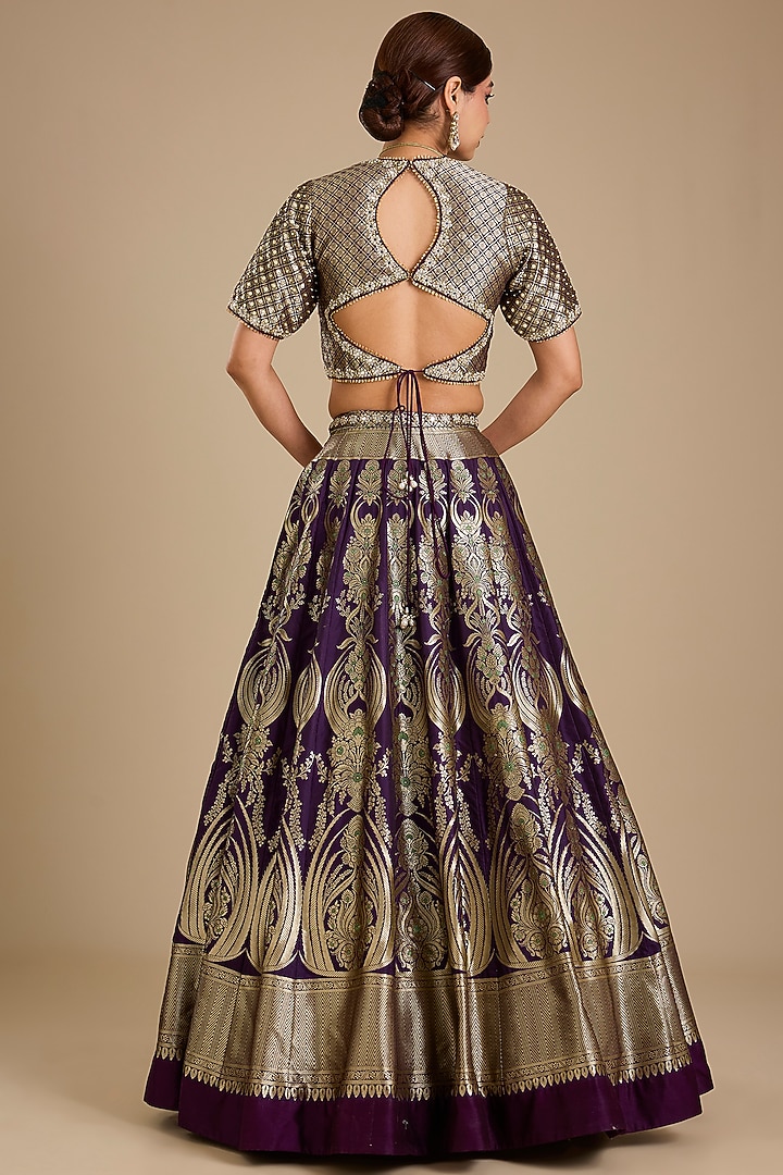 Purple Silk Zardosi Embroidered Banarasi Wedding Lehenga Set by Neha khullar at Pernia's Pop Up Shop