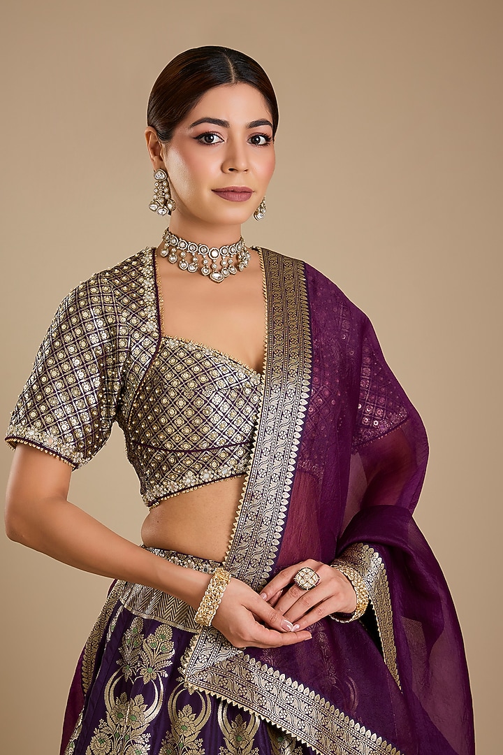 Purple Silk Zardosi Embroidered Banarasi Wedding Lehenga Set by Neha khullar at Pernia's Pop Up Shop