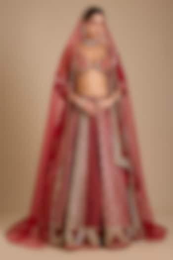 Ruby Red Silk Mirror Embroidered Bridal Lehenga Set by Neha khullar at Pernia's Pop Up Shop