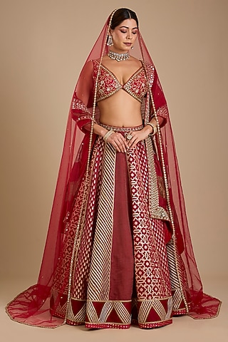 Ruby Red Silk Mirror Embroidered Lehenga Set by Neha khullar