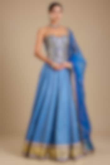 Cobalt Blue Silk Mirror Embroidered Wedding Lehenga Set by Neha khullar at Pernia's Pop Up Shop