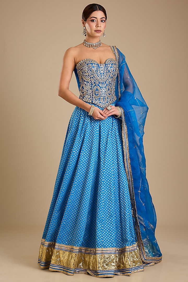 Cobalt Blue Silk Mirror Embroidered Wedding Lehenga Set by Neha khullar at Pernia's Pop Up Shop