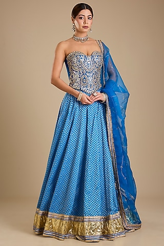 Cobalt Blue Silk Mirror Embroidered Lehenga Set by Neha khullar