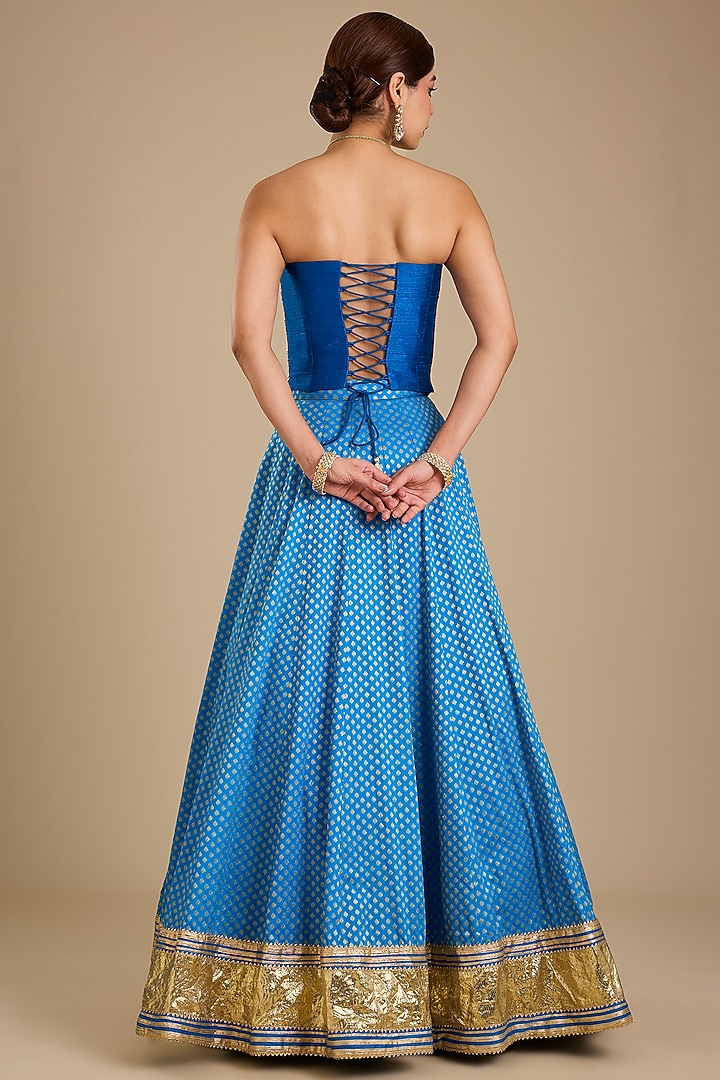 Cobalt Blue Silk Mirror Embroidered Wedding Lehenga Set by Neha khullar at Pernia's Pop Up Shop