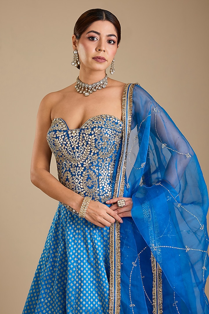 Cobalt Blue Silk Mirror Embroidered Wedding Lehenga Set by Neha khullar at Pernia's Pop Up Shop