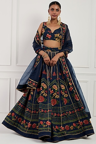Indigo Blue Raw Silk Floral Printed Lehenga Set by Neha khullar