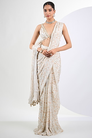 Ivory Soft Chinon Chiffon Printed Pre-Draped Saree Set by Neha Khullar