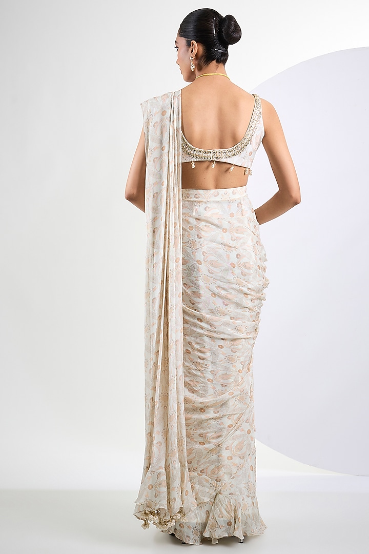 Ivory Soft Chinon Chiffon Printed Pre-Draped Wedding Saree Set by Neha Khullar at Pernia's Pop Up Shop