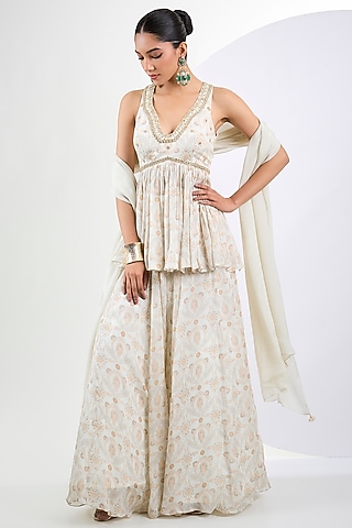 Ivory Soft Chinon Chiffon Printed Sharara Set by Neha Khullar