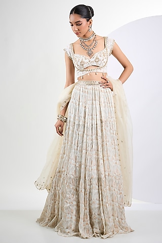 Ivory Chinon Chiffon Printed Lehenga Set by Neha Khullar
