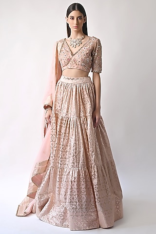 Peach Hand Embroidered Lehenga Set by Neha khullar