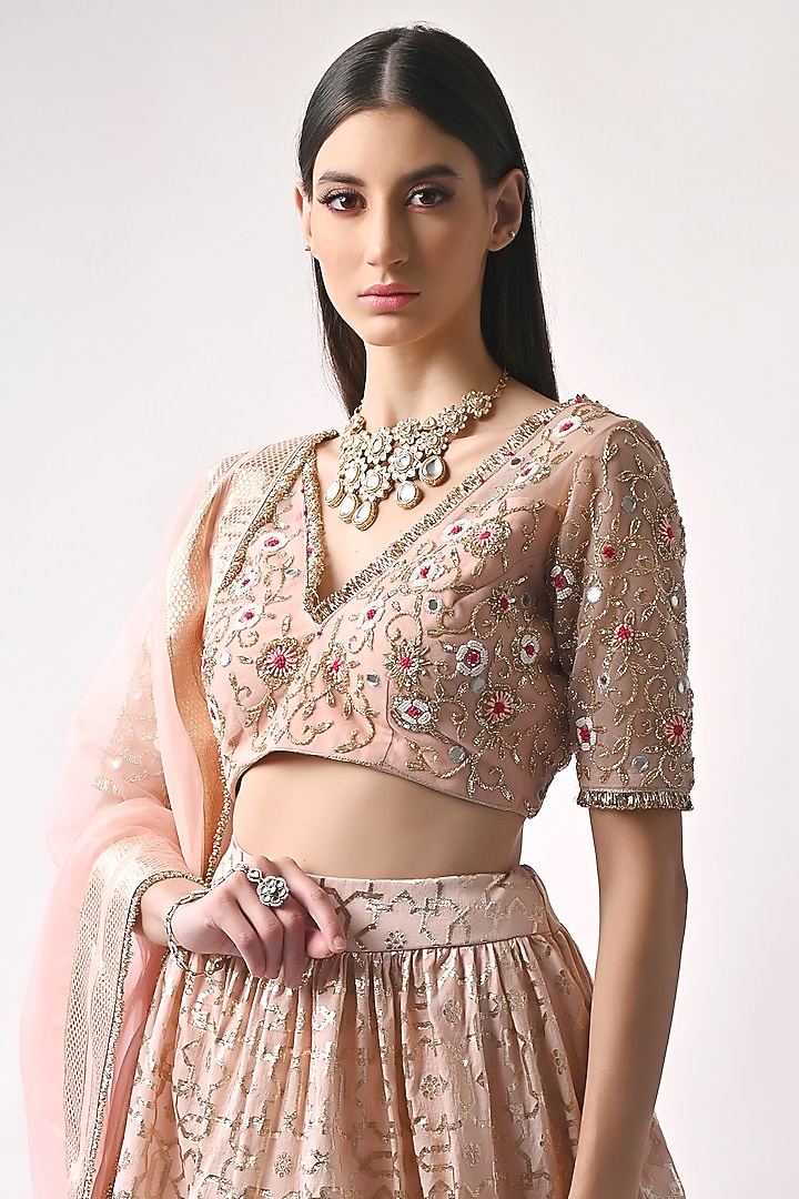 Peach Hand Embroidered Wedding Lehenga Set by Neha khullar at Pernia's Pop Up Shop