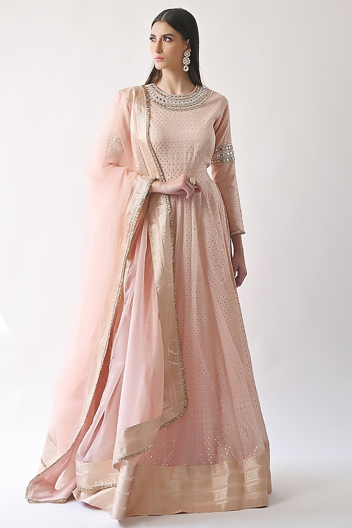 Peach Hand Embroidered Kalidar Anarkali Set by Neha khullar