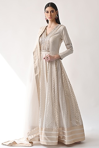 Ivory Hand Embroidered Kalidar Anarkali Set by Neha khullar