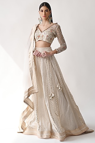 Ivory Hand Embroidered Lehenga Set by Neha khullar