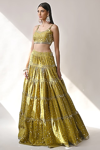 Olive Yellow Embroidered Lehenga Set by Neha khullar