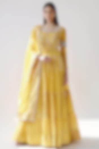 Yellow Hand Embroidered Anarkali Set by Neha khullar