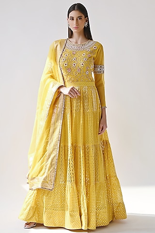 Yellow Hand Embroidered Anarkali Set by Neha khullar