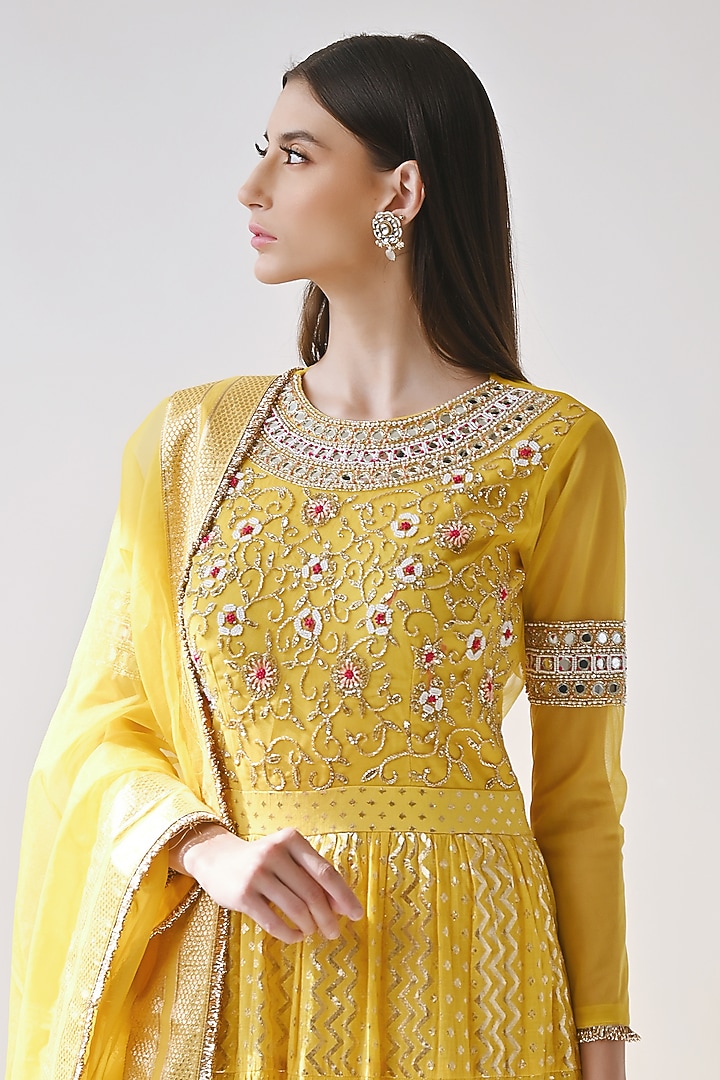 Yellow Hand Embroidered Wedding Anarkali Set by Neha khullar at Pernia's Pop Up Shop