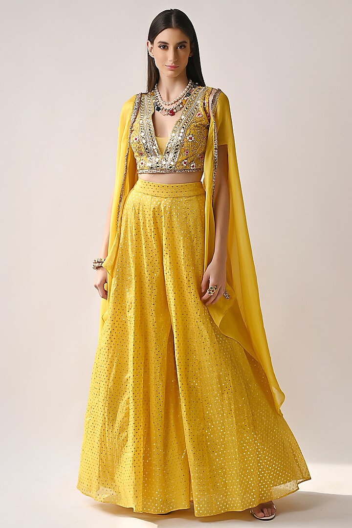 Yellow Chanderi Silk & Organza Sharara Set by Neha khullar