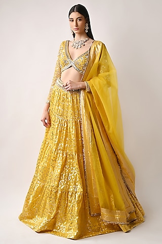 Yellow Hand Embroidered Lehenga Set by Neha khullar