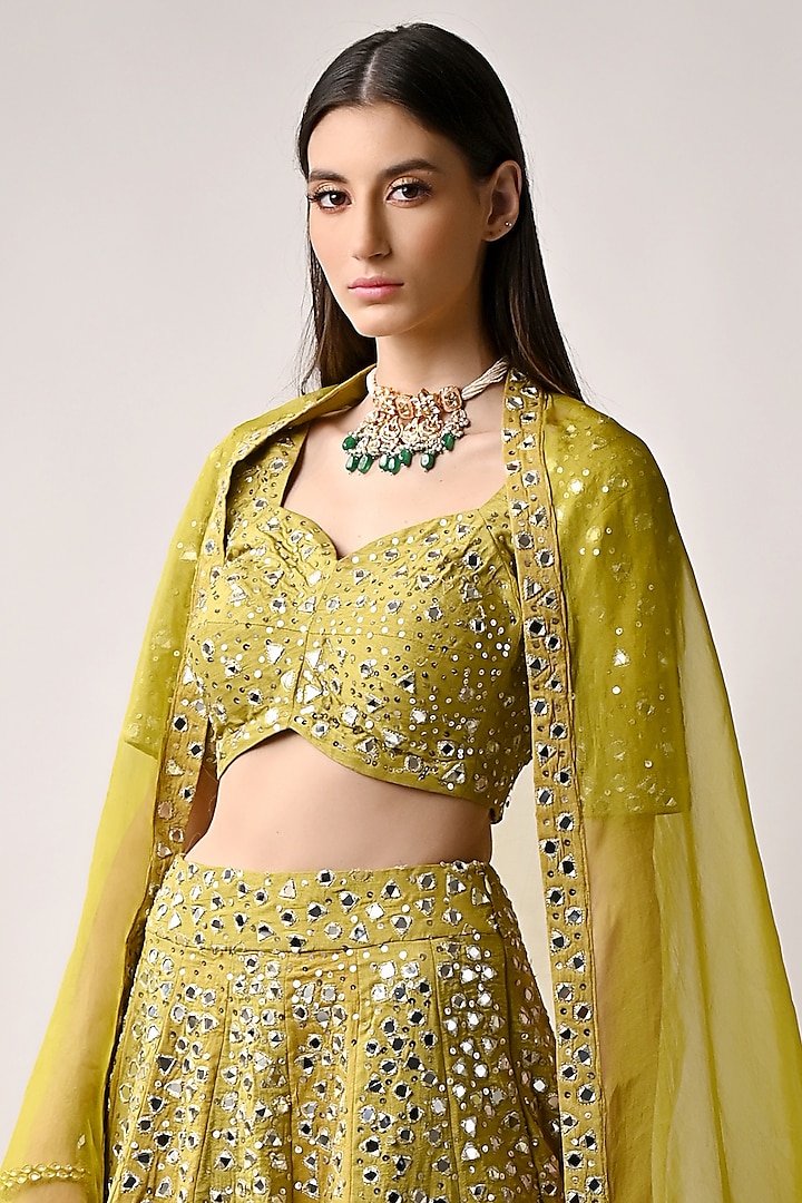 Olive Yellow Hand Embroidered Wedding Lehenga Set by Neha khullar at Pernia's Pop Up Shop