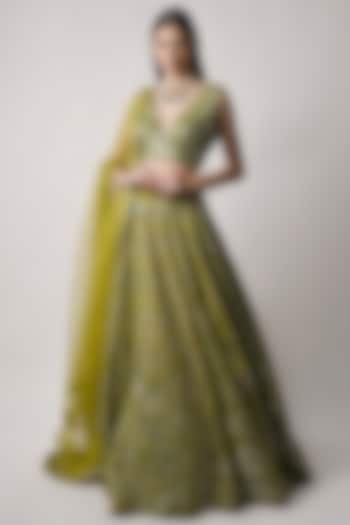 Olive Green Hand Embroidered Lehenga Set by Neha khullar