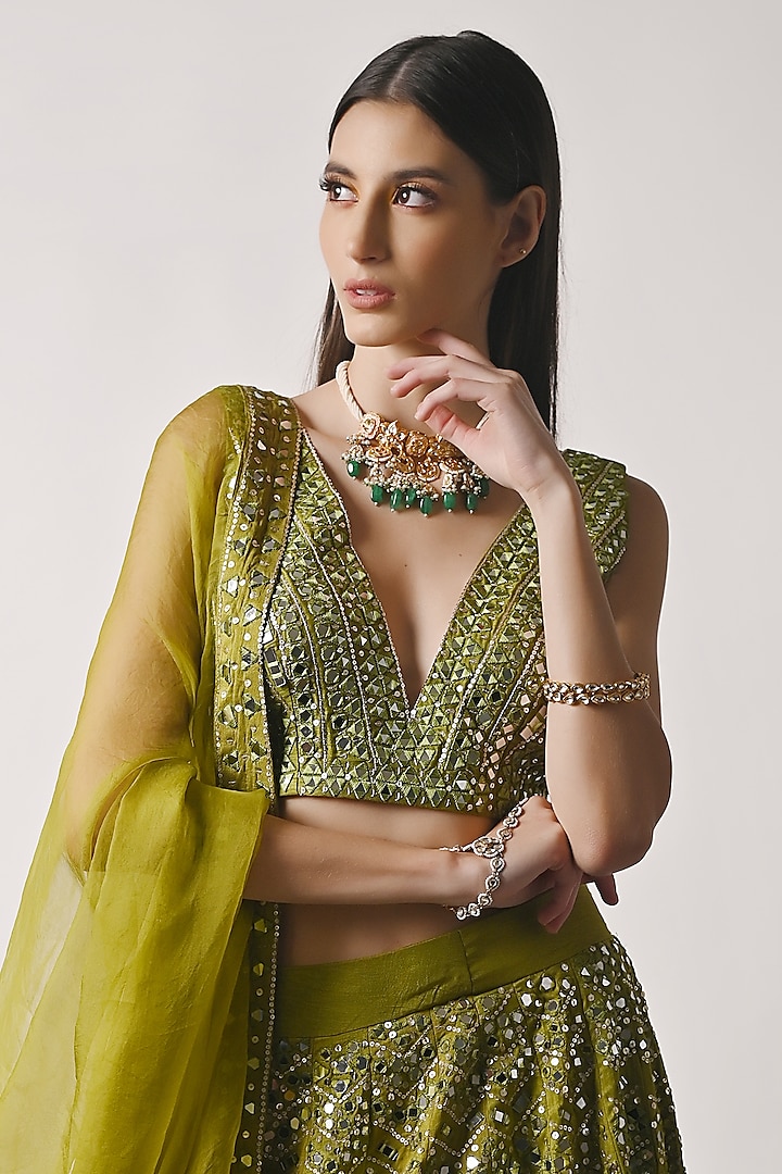 Olive Green Hand Embroidered Bridal Lehenga Set by Neha khullar at Pernia's Pop Up Shop