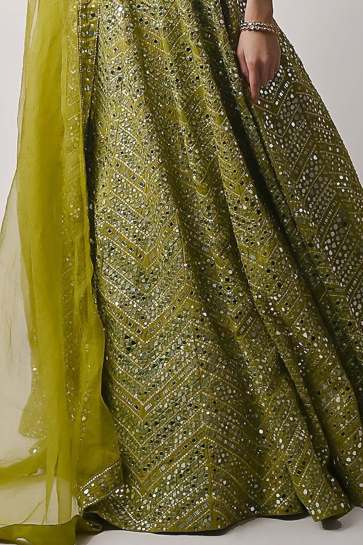 Olive Green Hand Embroidered Bridal Lehenga Set by Neha khullar at Pernia's Pop Up Shop