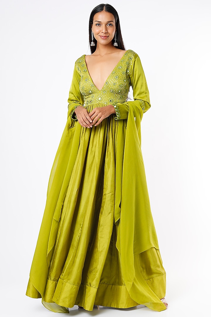Olive Green Embroidered Wedding Anarkali Set by Neha khullar at Pernia's Pop Up Shop