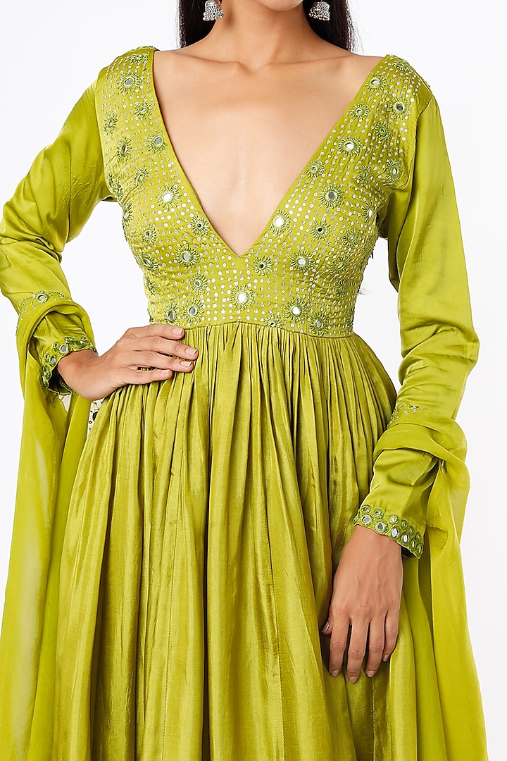 Olive Green Embroidered Wedding Anarkali Set by Neha khullar at Pernia's Pop Up Shop
