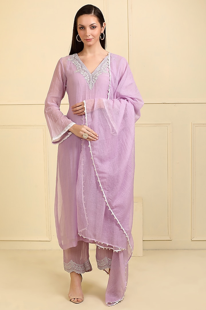 Lilac Chanderi Silk & Mulmul Embroidered Kurta Set by Neha Khullar