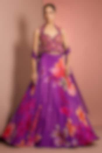 Purple Viscose Organza Printed & Embroidered Wedding Lehenga Set by Neha Khullar at Pernia's Pop Up Shop