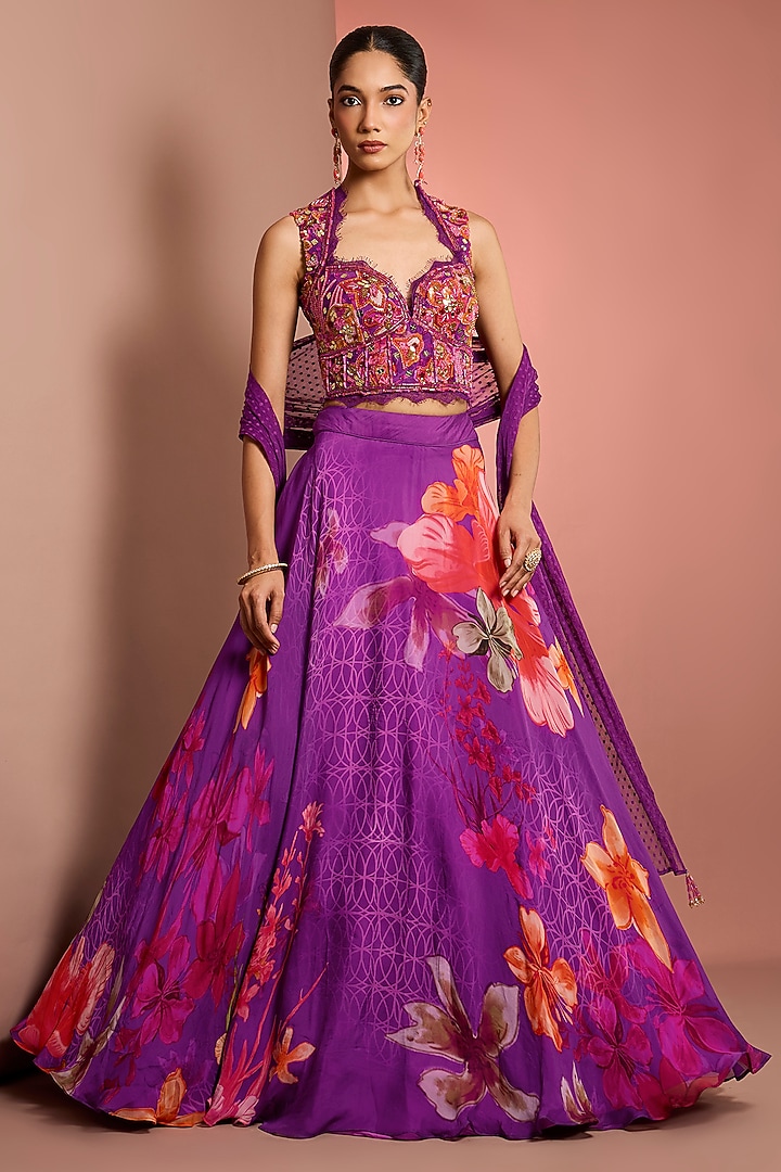 Purple Viscose Organza Printed & Embroidered Wedding Lehenga Set by Neha Khullar at Pernia's Pop Up Shop