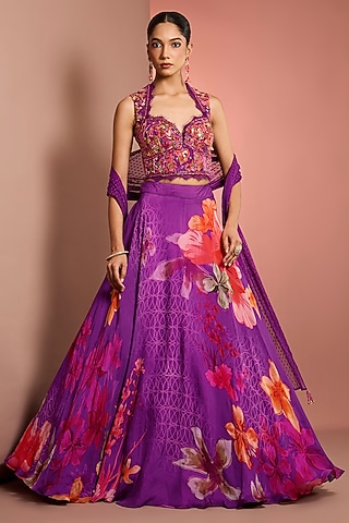 Purple Viscose Organza Printed & Embroidered Lehenga Set by Neha Khullar