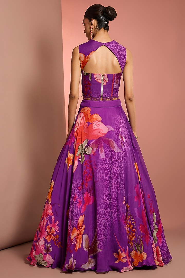 Purple Viscose Organza Printed & Embroidered Wedding Lehenga Set by Neha Khullar at Pernia's Pop Up Shop