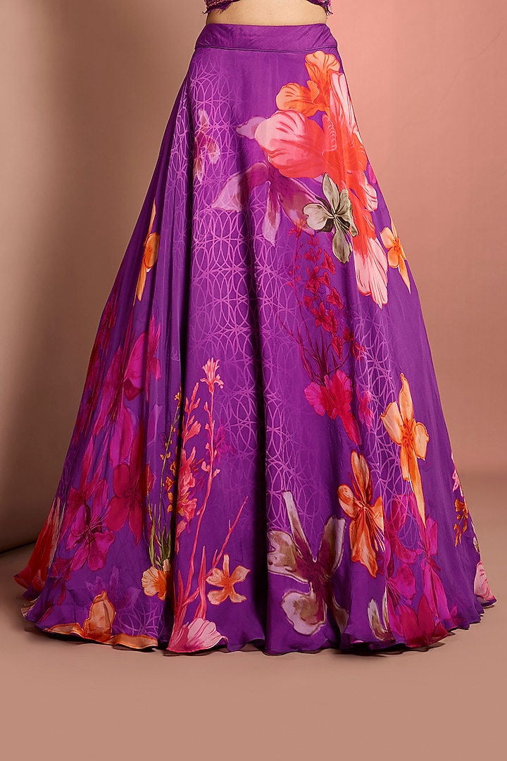 Purple Viscose Organza Printed & Embroidered Wedding Lehenga Set by Neha Khullar at Pernia's Pop Up Shop