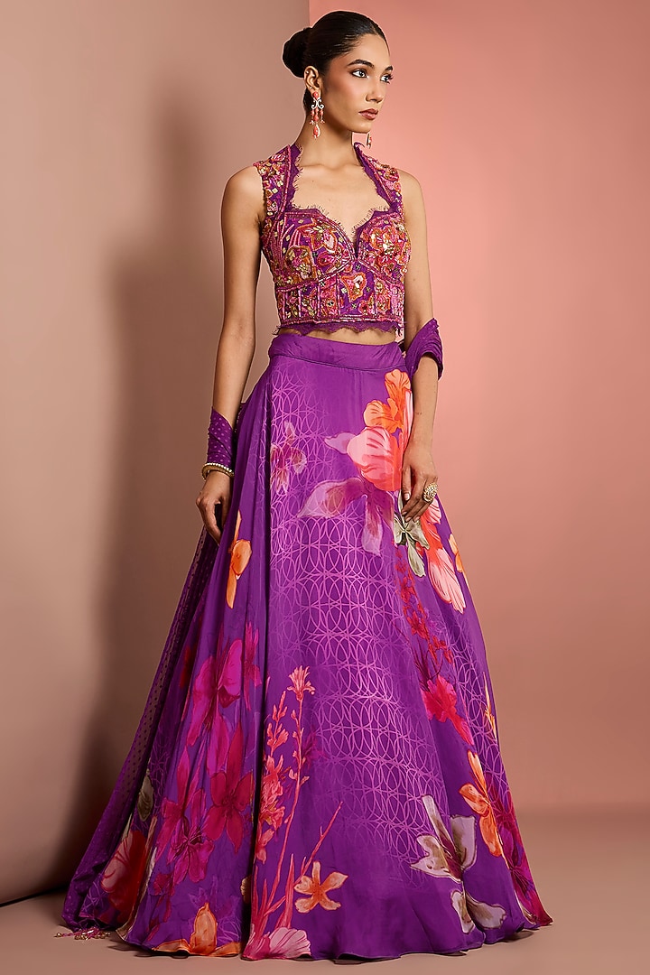 Purple Viscose Organza Printed & Embroidered Wedding Lehenga Set by Neha Khullar at Pernia's Pop Up Shop
