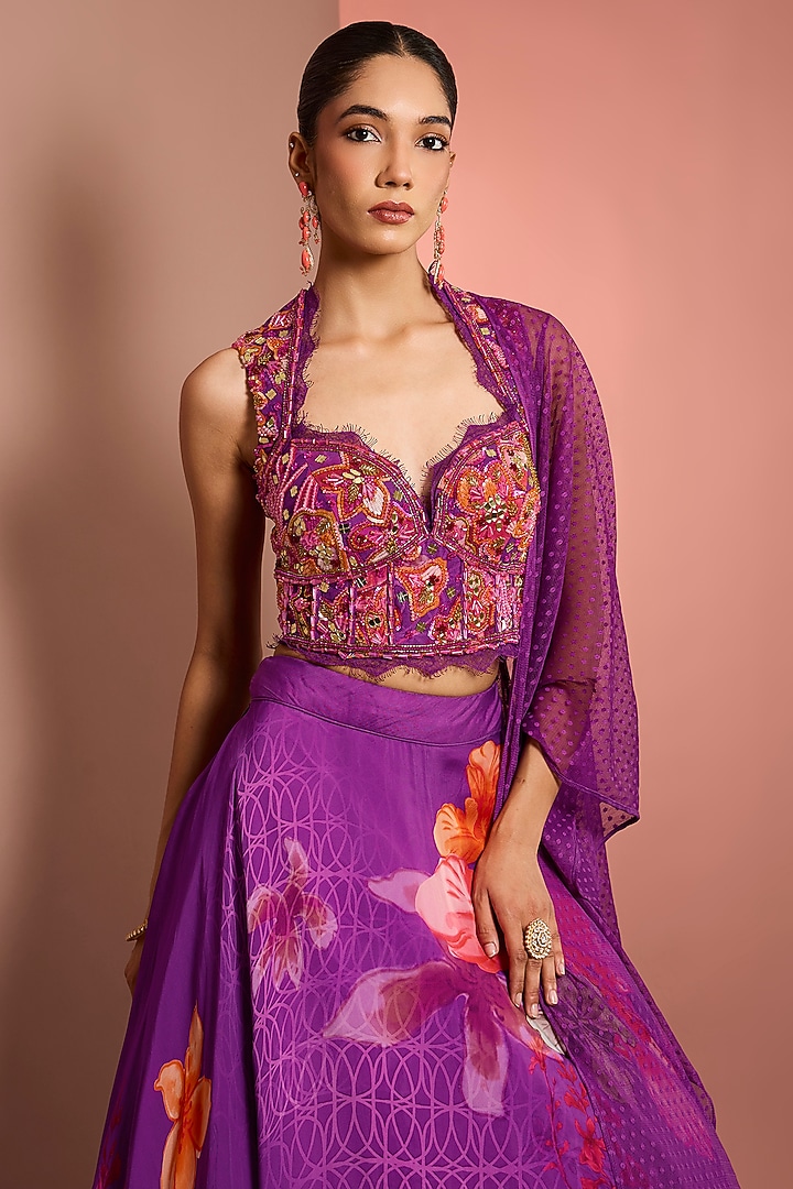 Purple Viscose Organza Printed & Embroidered Wedding Lehenga Set by Neha Khullar at Pernia's Pop Up Shop