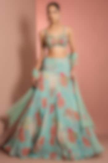 Blue Viscose Organza Printed & Embroidered Wedding Lehenga Set by Neha Khullar at Pernia's Pop Up Shop