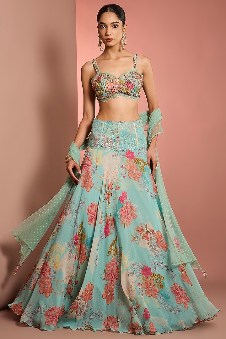 Blue Viscose Organza Printed & Embroidered Wedding Lehenga Set by Neha Khullar at Pernia's Pop Up Shop