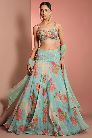 Blue Viscose Organza Printed & Embroidered Lehenga Set by Neha Khullar
