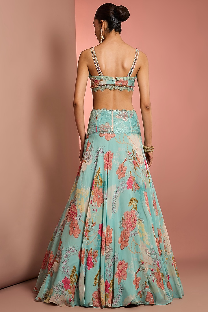 Blue Viscose Organza Printed & Embroidered Wedding Lehenga Set by Neha Khullar at Pernia's Pop Up Shop